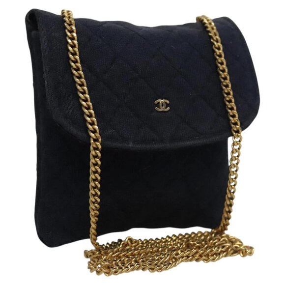 CHANEL Mini Matelasse Chain Pouch Cotton Navy Gold - Picture 1 of 16
